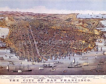 1800'S Bird's Eye San Francisco Bay California Map USA Vintage Poster Repro