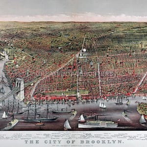 May include: Vintage map of The City of Brooklyn, featuring a detailed aerial view of the city, with the Brooklyn Bridge and numerous ships in the water. The map is in shades of brown, red, and green, with text at the bottom.