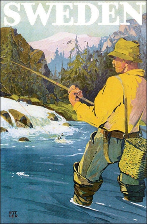 Sweden Fishing Fresh Water Fish Travel Vintage Poster Repro 10X16 