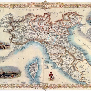 1800S Map Northern Italy Veneto Emilia Romagna Liguria Trintino Poster Repro