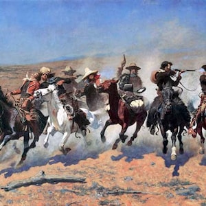 May include: A painting depicting a group of cowboys on horseback riding through a dusty landscape. The cowboys are wearing traditional clothing and hats, and they are carrying rifles. The painting is set against a backdrop of a blue sky and rolling hills.