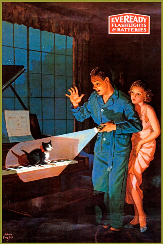 Cat Playing Piano Couple Dark Night Eveready Flashlight Vintage
