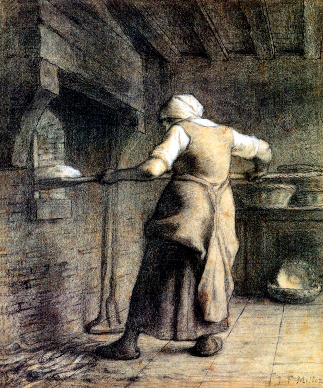 ヴィンテージ　フランス　油絵 パンを焼く女性、薪窯、フランス田舎、1852年、ジャン・F・ミレー作