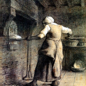 May include: A woman in a brown dress and white head covering is standing in a dimly lit room, reaching into a brick oven. The room has a wooden ceiling and a stone floor.