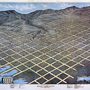 May include: An aerial view of Salt Lake City, Utah, in the late 1800s. The city is laid out in a grid pattern with streets running north-south and east-west. The city is surrounded by mountains in the distance. The image is a lithograph and is in color.