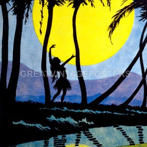 Hula Girl Hawaii Beach Paradise Dance Full Moon Palm Trees Vintage Poster Repro
