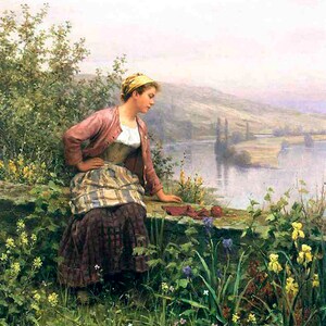Brittany Girl Overlooking Stream Flowers Painting By Daniel Ridgway Knight Repro