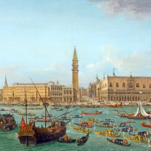 May include: A painting depicting a bustling scene in Venice, Italy. The Doge's Palace and the Campanile tower are visible in the background, with numerous gondolas and other boats navigating the Grand Canal. The painting is filled with vibrant colors and intricate details, capturing the lively atmosphere of the city.