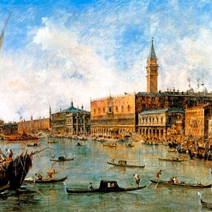 May include: A painting depicting a bustling scene in Venice, Italy. The painting features a large, ornate building with a tall tower, and a canal filled with gondolas and other boats. The sky is a bright blue with fluffy white clouds.