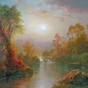 Pintura americana del valle del río Hudson en otoño de F. Church sobre lienzo, reproducción de 10 x 16