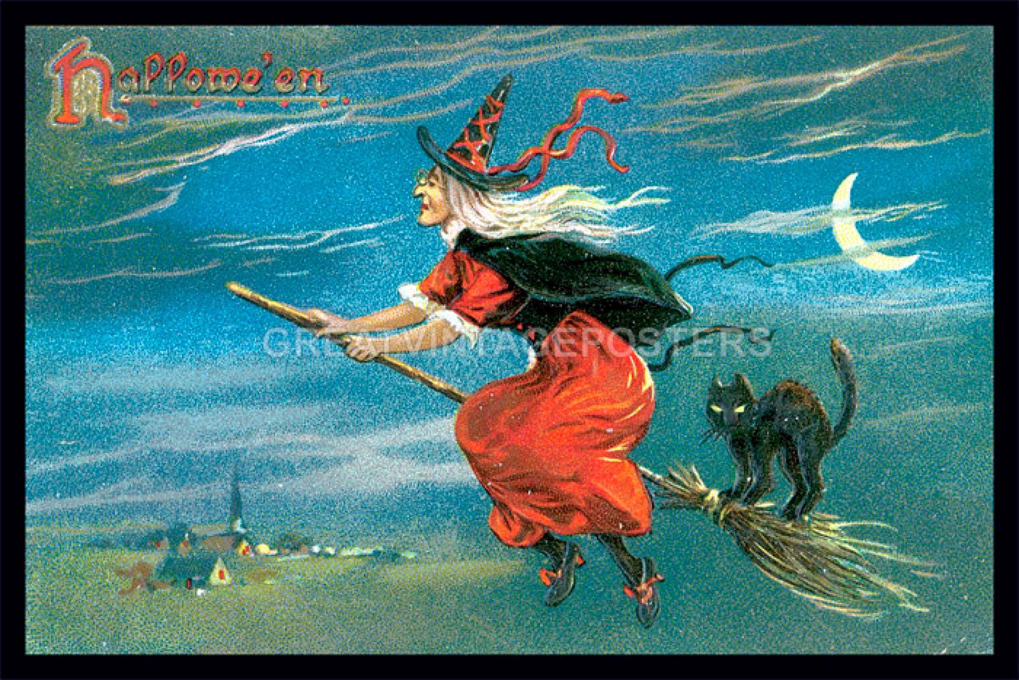 Halloween Witch Black Cat in Flying Broom Crescent Moon Vintage Poster ...