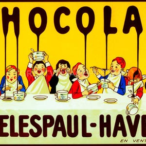 Póster vintage de Delespaul Havez, niños disfrutando del chocolate francés