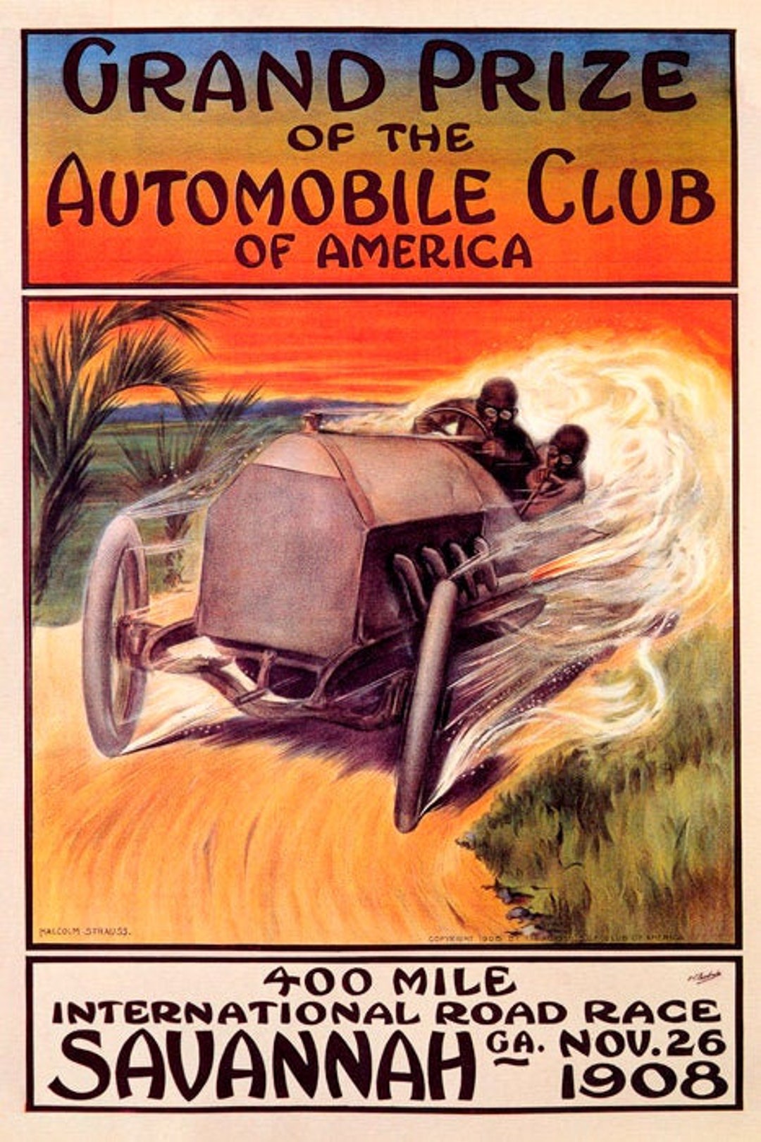 Póster Réplica 1908 Gran Premio Savannah – Carrera De Autos Club América – Estilo Vintage