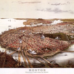 May include: An antique bird's-eye view illustration of Boston, Massachusetts, showing the city's layout and waterways. The illustration is in a vintage style with a light brown background and a detailed depiction of the city's buildings and streets. The text "BOSTON" and "BIRD'S EYE VIEW FROM THE NORTH" is printed at the bottom of the illustration.
