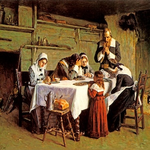 Pilgrim&#39;s Grace 1897 Puritan Family Thanksgiving Painting By Henry Mosler Repro
