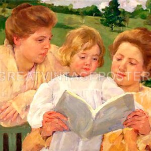 Grupo familiar leyendo abuela madre niño pintura de Mary S Cassatt Repro