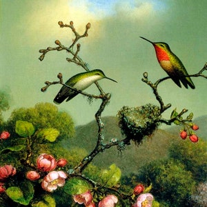 May include: A painting of two hummingbirds perched on a branch with a nest. The birds are green and red with long beaks. The branch is covered in green leaves and pink blossoms. The background is a soft green and blue.
