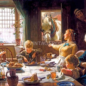 May include: A painting depicting a family gathered around a table for a meal. A white horse peeks in from outside the window. The family is dressed in period clothing and the scene is set in a cozy, well-lit room.