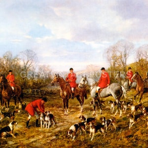 Pintura de caza británica de Heywood Hardy, "Encuentro de otoño: cazadores, caballos, perros"