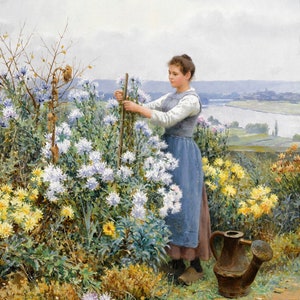 Chrysanthemums Woman Tending Flowers Painting By Daniel Ridgway Knight Repro