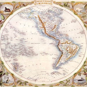 May include: An antique map of the Western Hemisphere, showing North and South America, with detailed coastlines and rivers. The map is surrounded by a decorative border with illustrations of animals and people.