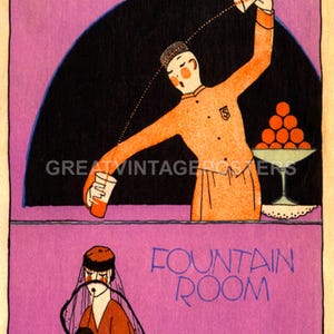 Reproducción de póster vintage de la sala de la fuente, restaurante, bar, camarero, bebida, preparación de cócteles