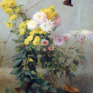 Pintura de mariposas en jarrón con flores y sol otoñal de George C. Lambdin Repro