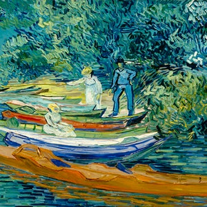 Bank Of The Oise At Auvers Women Rowing Boats 1890 Painting By Van Gogh Repro