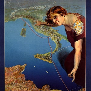Italy Italian Map Girl Sitmar Bird Eye View Italia Travel Vintage Poster Repro