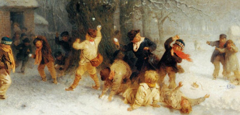 Boys Snowballing Winter Children Play Painting By John Morgan Canvas Repro Large