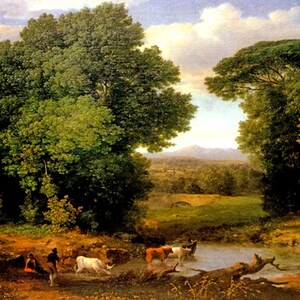 May include: A painting of a pastoral landscape with a stream, a bridge, and cattle. The scene is dominated by lush green trees and a bright blue sky with fluffy white clouds. The cattle are wading in the stream, and the bridge is in the background.