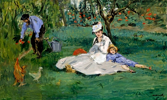 The Monet Family in Their Garden Flowers Chicken 1874 Painting by