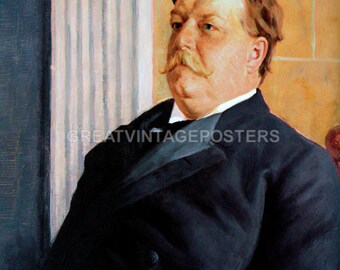 May include: Vintage portrait of a man in a dark suit with a white shirt and a large mustache. The painting has a classic style, with the text "GREATVINTAGEPOSTERS" at the bottom.