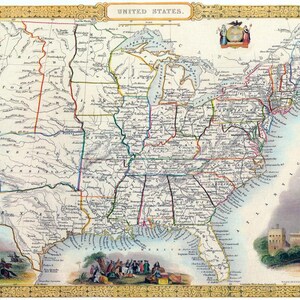 1850 United States Map Washington Landmark Buffalo W. Penns Indians Poster Repro