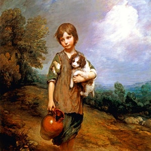 May include: A young person with brown hair and a brown dress holds a small white dog in their arms. They are walking along a dirt path with a brown jug in their other hand. The background is a landscape with trees and a cloudy sky.