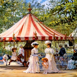 Summer Carousel Park Mothers Children Play Fun Painting By Alan Maley Repro