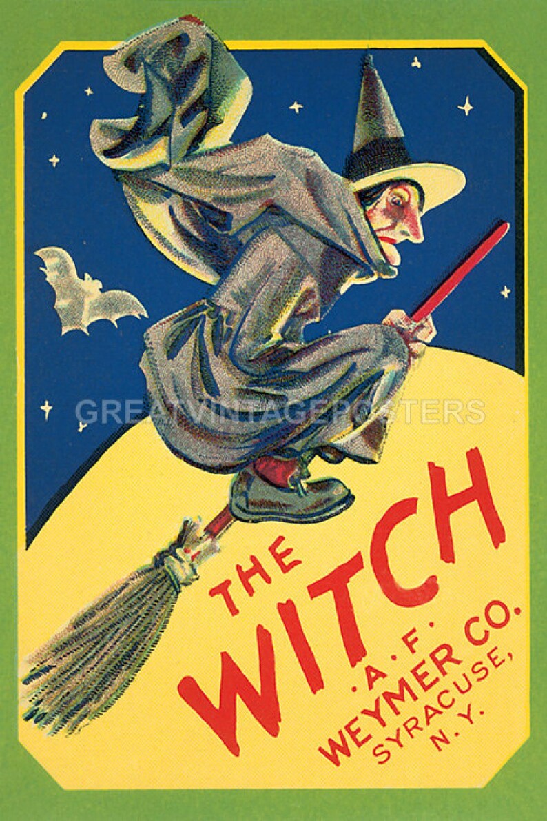 The Witch Broom Flying Moon Bat Halloween Syracuse NY Vintage Poster ...