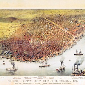 May include: An antique illustration depicting a bird's-eye view of the city of New Orleans, Louisiana. The city is shown with its streets, buildings, and the Mississippi River. The text "The City of New Orleans, and the Mississippi River, Lake Pontchartrain in distance" is printed at the bottom of the image.