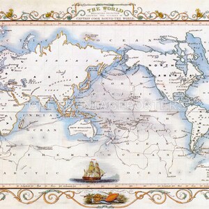 May include: An antique world map printed on paper with a blue and white color scheme. The map shows the route of Captain Cook's voyage around the world. The map is surrounded by a decorative border with floral motifs.