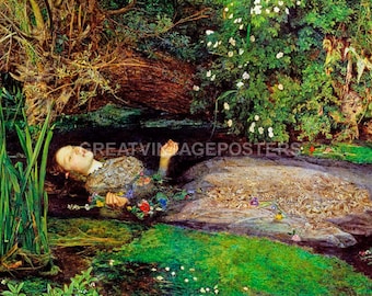 May include: A painting depicting a person lying in a stream surrounded by lush green vegetation, white flowers, and tall grasses. The person wears a detailed, textured garment adorned with colorful floral accents, with their arms slightly raised.