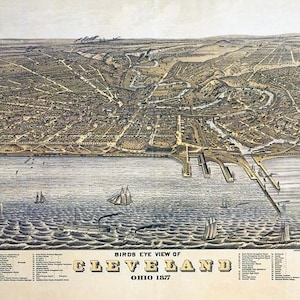 May include: A vintage bird's eye view illustration of Cleveland, Ohio in 1877. The illustration shows the city's layout with streets, buildings, and waterways. The city is surrounded by water and there are ships in the water.