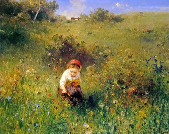 Girl In A Field Picking Wild Flowers 1857 German Painting By Ludwig Knaus Repro