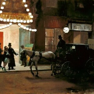 May include: A painting depicting a horse-drawn carriage in front of a building with a sign that reads "Hotel du Nord". The carriage is being driven by a man in a top hat and coat. There are people standing in front of the building, some of whom are wearing costumes.