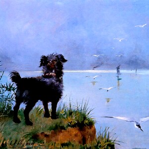 Awaiting The Master&#39;s Return Dog Sea Bird French Painting By Louise Abbema Repro