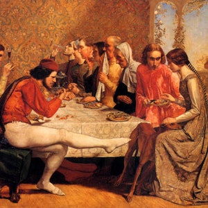 May include: A painting depicting a group of people seated around a table, enjoying a meal. The scene is set in a richly decorated room with a patterned wallpaper and a window overlooking a garden. The figures are dressed in elaborate clothing, and the table is laden with food and drink. The painting is characterised by its warm colours and detailed brushwork.