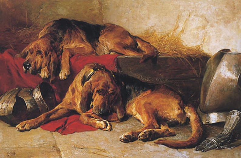 Bloodhounds Dog At Rest Painting By John Noble On Canvas Repro 10X16