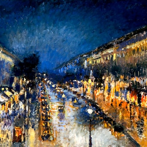 May include: A painting of a city street at night, with buildings on either side and streetlights illuminating the road. The sky is a dark blue with clouds, and the buildings are lit up with warm yellow lights. The painting is done in a loose, impressionistic style, with visible brushstrokes.