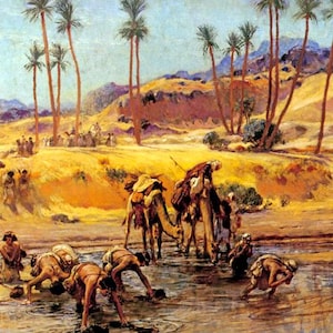 The Nubian Desert Oasis Camel Arab Water Painting By Frederick A Bridgman Repro