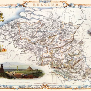 May include: An antique map of Belgium, featuring a detailed outline of the country with numerous cities and towns labeled. The map is surrounded by a decorative border with floral motifs and includes illustrations of notable landmarks, such as the Church of Our Lady in Antwerp and the Monument of the Battle of Waterloo.