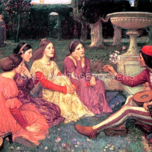 May include: A painting depicting a group of women in medieval clothing gathered in a garden setting. The women are seated and standing, some holding musical instruments. The scene is filled with lush greenery and flowers.